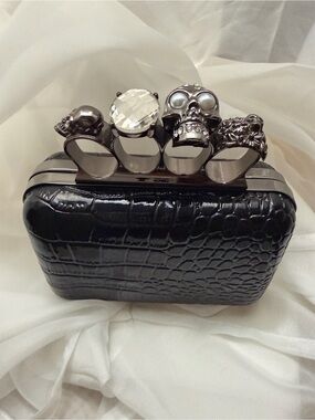 Kate Landry Black Crocodile Evening Clutch Purse Gold Skull Knuckle Handle RARE